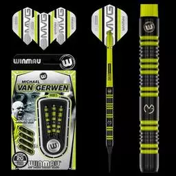 Click here to learn more about the Winmau MvG Pro Series 18 gram barrel/20 gram full 85% Tungsten alloy Soft Tip Darts.