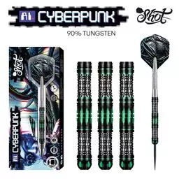 Click here to learn more about the Shot! Darts AI CYBERPUNK STEEL TIP DART SET - 90% TUNGSTEN BARRELS.