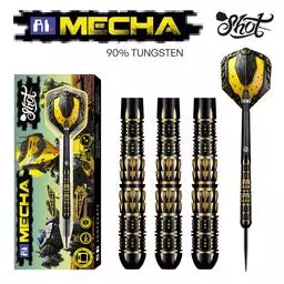Click here to learn more about the Shot! Darts AI MECHA STEEL TIP DART SET - 90% TUNGSTEN BARRELS.