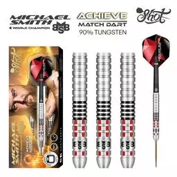 Click here to learn more about the Shot! Darts MICHAEL SMITH ACHIEVE STEEL TIP DART SET - 90% TUNGSTEN BARRELS.
