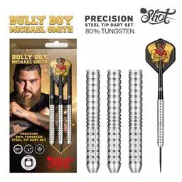 Click here to learn more about the Shot! Darts BULLY BOY MICHAEL SMITH PRECISION STEEL TIP DART SET - 80% TUNGSTEN BARRELS.