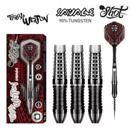 Click here to learn more about the Shot! Darts TRIBAL WEAPON SAVAGE STEEL TIP DART SET - 90% TUNGSTEN BARRELS.