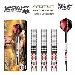 Click here to learn more about the Shot! Darts MICHAEL SMITH ACHIEVE SOFT TIP DART SET - 90% TUNGSTEN BARRELS.