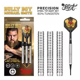 Click here to learn more about the Shot! Darts BULLY BOY MICHAEL SMITH PRECISION SOFT TIP DART SET - 80% TUNGSTEN BARRELS.