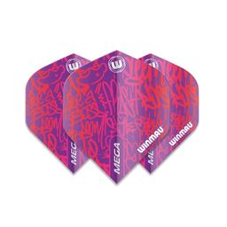 Click here to learn more about the Winmau Mega 242 Standard Dart Flights-purple background with red design.